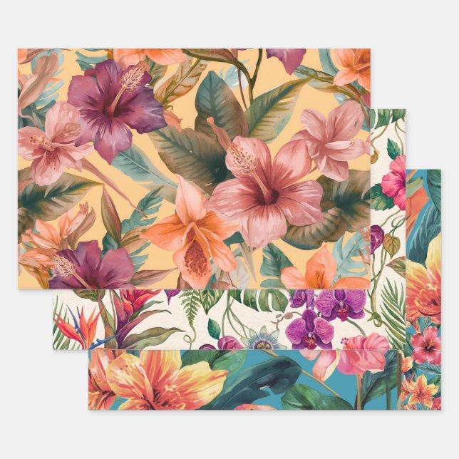 Tropisches Blumen-Geschenkpapier – 3er Packung Geschenkpapier Set (Set)