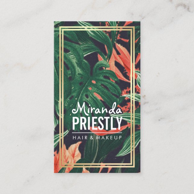 Tropisches Blumen Gold Rahmen Makeup Beauty Salon Terminkarte (Vorderseite)