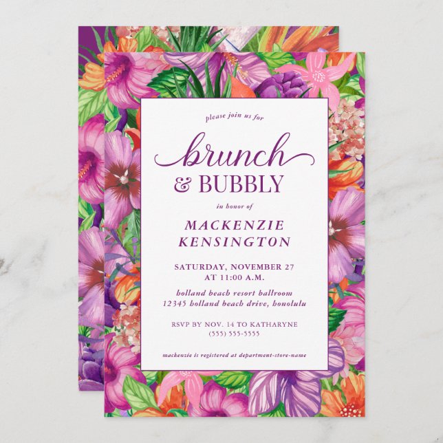Tropisches Blumenbrunch Bubbly Brautparty Einladung (Vorne/Hinten)