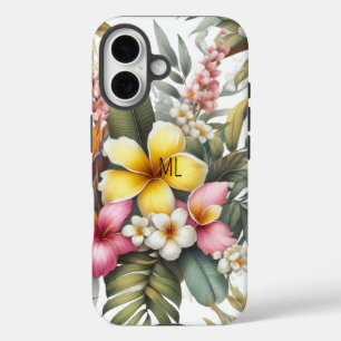Tropisches Blumenmonogramm-Inseldesign iPhone 16 Hülle