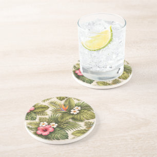 Tropisches Blumenmuster – Hibiskus, Monstera Getränkeuntersetzer