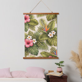 Tropisches Blumenmuster – Hibiskus, Monstera Wandteppich Mit Holzrahmen