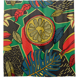 Tropisches Blumenmuster im Doodle-Stil mit Früchte Duschvorhang