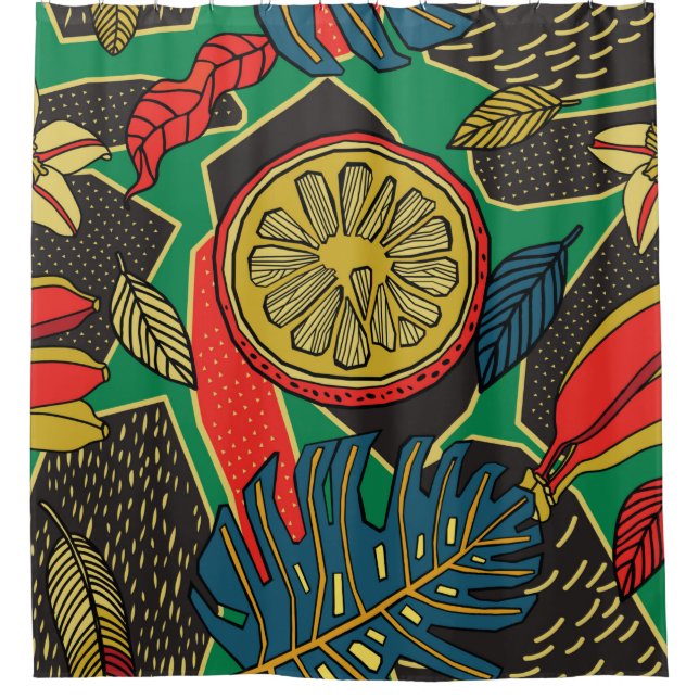 Tropisches Blumenmuster im Doodle-Stil mit Früchte Duschvorhang (Vorderseite)