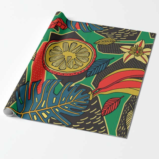 Tropisches Blumenmuster im Doodle-Stil mit Früchte Geschenkpapier (Ungerollt)