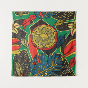 Tropisches Blumenmuster im Doodle-Stil mit Früchte Wandteppich