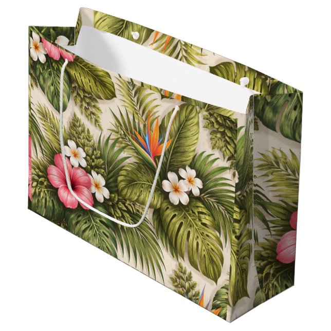 Tropisches Blumenmuster mit Hibiskus Große Geschenktüte (Vorderseite Schrägansicht)