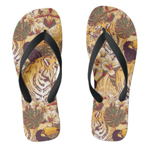 Tropisches Blumenmuster mit Tiger Flip Flops