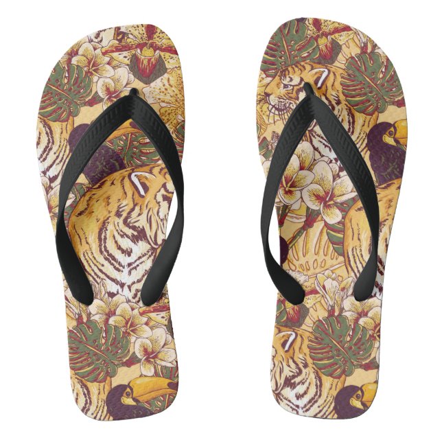 Tropisches Blumenmuster mit Tiger Flip Flops (Fußbett)