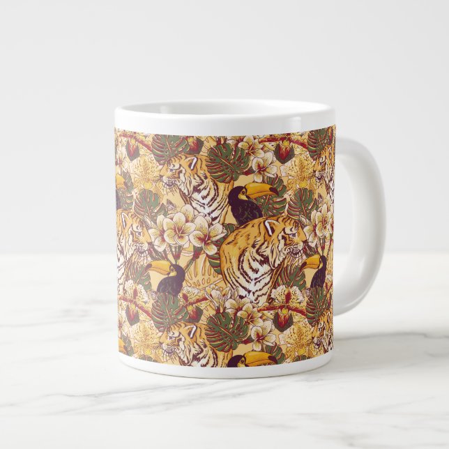 Tropisches Blumenmuster mit Tiger Jumbo-Tasse (Vorderseite Rechts)