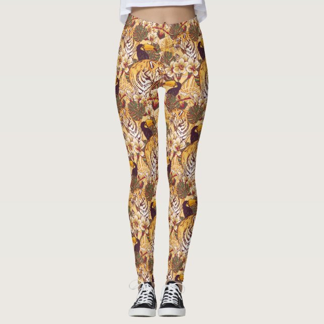 Tropisches Blumenmuster mit Tiger Leggings (Vorderseite)