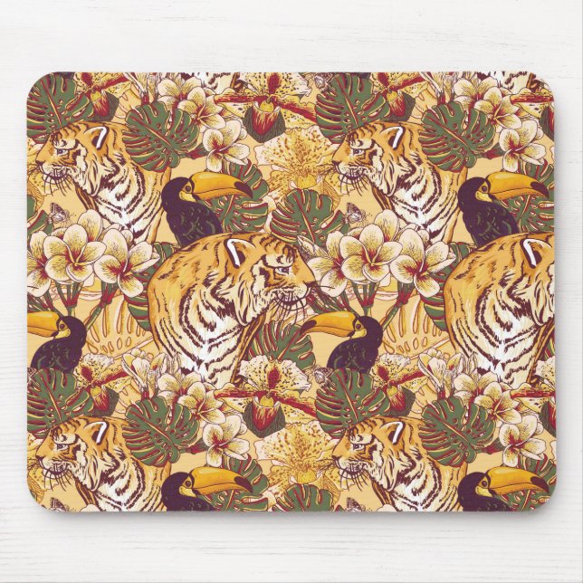 Tropisches Blumenmuster mit Tiger Mousepad (Vorne)