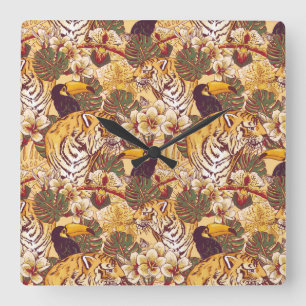 Tropisches Blumenmuster mit Tiger Quadratische Wanduhr