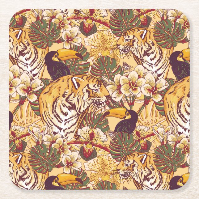 Tropisches Blumenmuster mit Tiger Rechteckiger Pappuntersetzer (Vorderseite)
