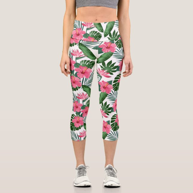 Tropisches Blumenmuster Rosa Hibiskus Blume Capri Leggings (Vorderseite)