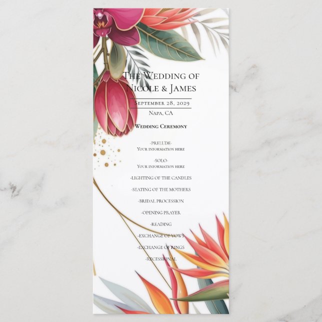 Tropisches Blumenparadies Botanisches Hochzeitspro Menükarte (Vorderseite)