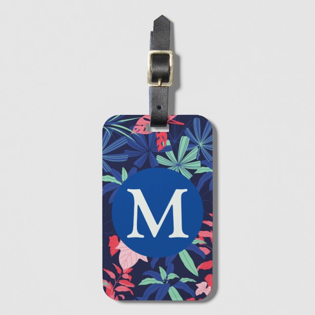 Tropisches Botanisches Dunkelblau Monogramm Gepäckanhänger (Vorderseite Vertikal)
