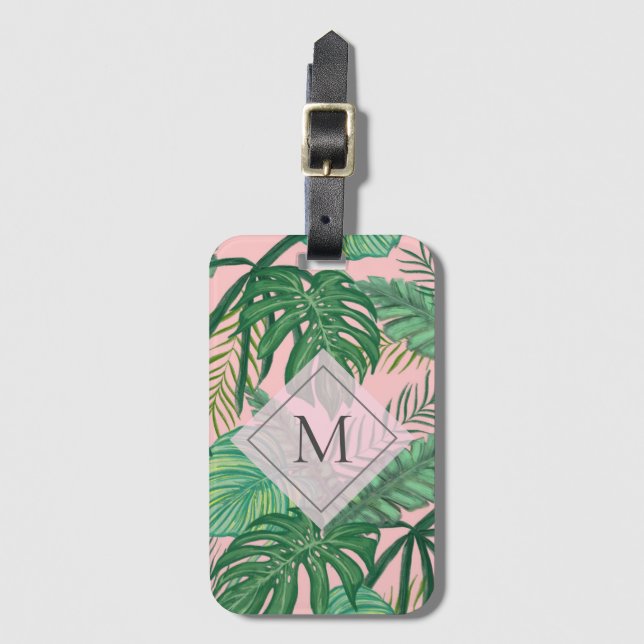 Tropisches Botanisches Farbrosa Art Monogramm Gepäckanhänger (Vorderseite Vertikal)