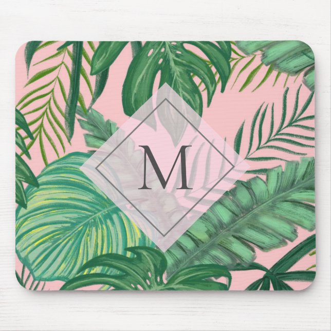Tropisches Botanisches Farbrosa Art Monogramm Mousepad (Vorne)