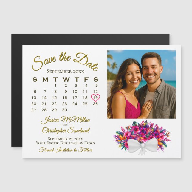 Tropisches Bouquet Kalender & Foto Save the Date Magneteinladung (Vorne/Hinten)