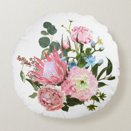 Tropisches Bouquet mit rosa Blume. Rundes Kissen