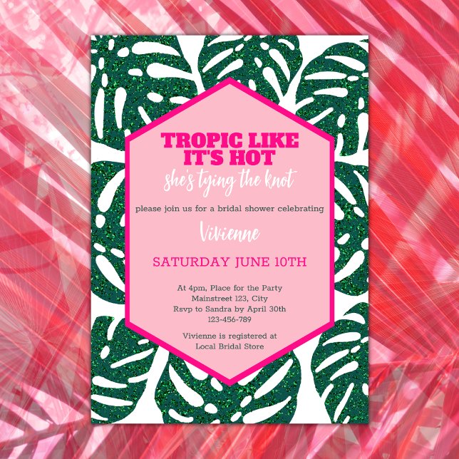 Tropisches Brautparty Wild Pink Glitzer Monstera Einladung (tropical bridal shower tropic like its' hot she's tying the knot pink glitter monstera destination)