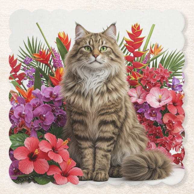 Tropisches Cat Scalloped Square Untersetzer Design (Vorderseite)