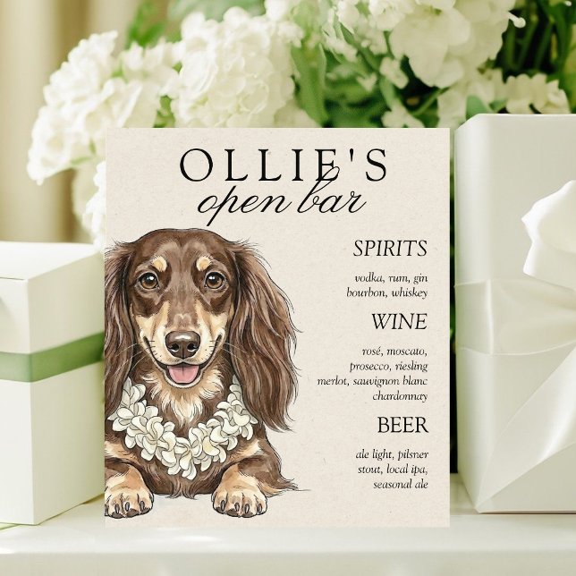 Tropisches Dachshund-Hochzeitsbar-Menü Sockelschild (Tropical Dachshund Wedding Bar Menu Pedestal Sign)
