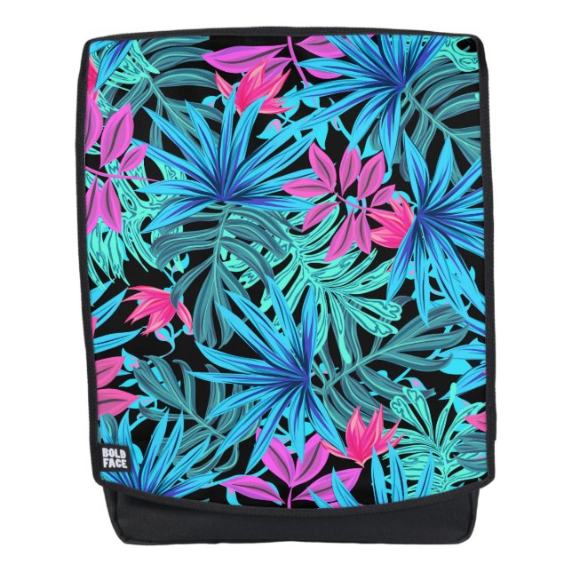 Tropisches Design Blau und Rosa Blumen Rucksack (Vorderseite)