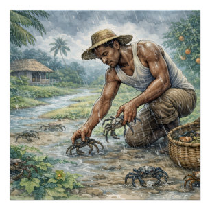 Tropisches Dorfleben: Mann fängt Krabben im Regen Poster