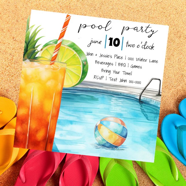 Tropisches Drink- und Pool-Party Einladung (Tropical drink vibes pool party invitation with beach ball and poolside scene- customizable. )