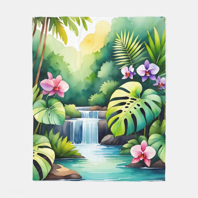 Tropisches Dschungel-Wasserfall-Orchideen-Paradies Fleecedecke (Vorderseite)