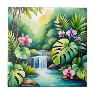 Tropisches Dschungel-Wasserfall-Orchideen-Paradies Fliese