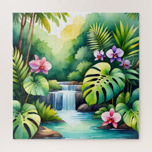 Tropisches Dschungel-Wasserfall-Orchideen-Paradies Puzzle
