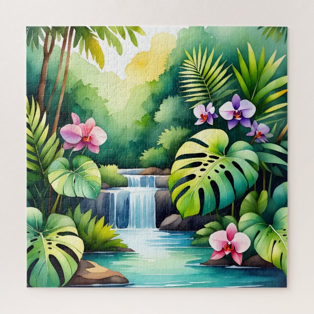 Tropisches Dschungel-Wasserfall-Orchideen-Paradies Puzzle (Vertikal)