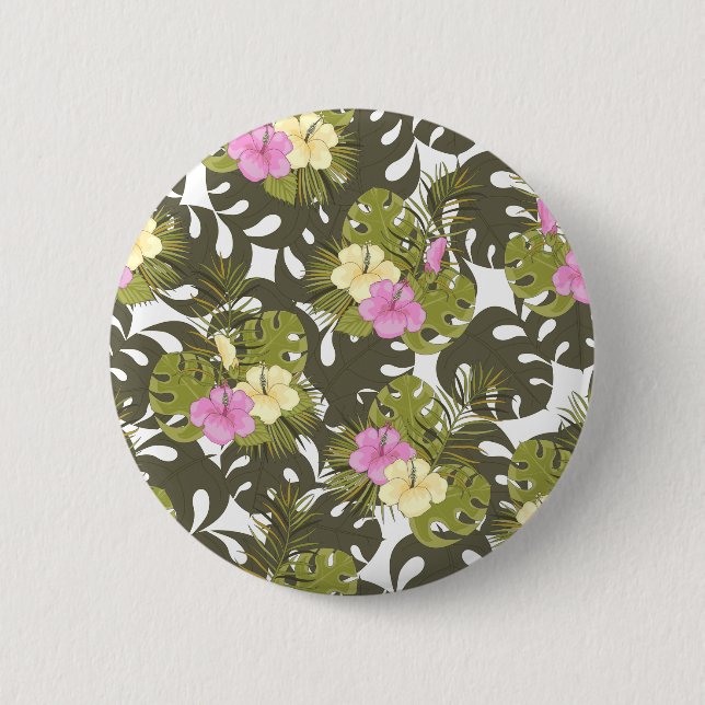 Tropisches Dschungelblätter- und Hibiskus-Muster Button (Vorderseite)