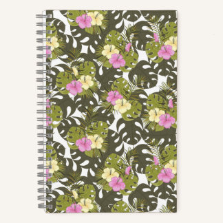 Tropisches Dschungelblätter- und Hibiskus-Muster Notizbuch