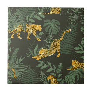 Tropisches Dschungelmuster mit Jaguar-Palmenblätte Fliese