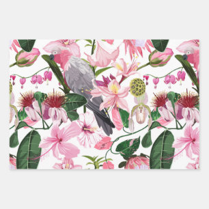 Tropisches exotisches Muster mit Papagei und Blume Geschenkpapier Set