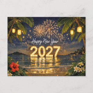Tropisches Feuerwerk-Sonnenuntergang Frohes Neues Feiertagspostkarte