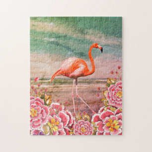 Tropisches Flamingo am Strand mit rosa Blume Colla Puzzle