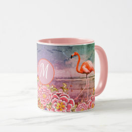Tropisches Flamingo am Strand, rosa Blume, Monogra Tasse