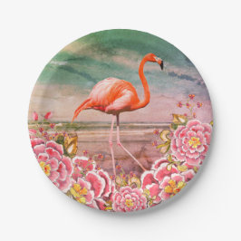 Tropisches Flamingo am Strand und orientalisch-ros Pappteller