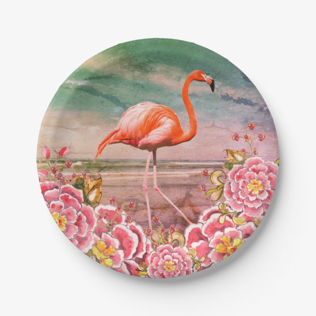 Tropisches Flamingo am Strand und orientalisch-ros Pappteller (Vorderseite)
