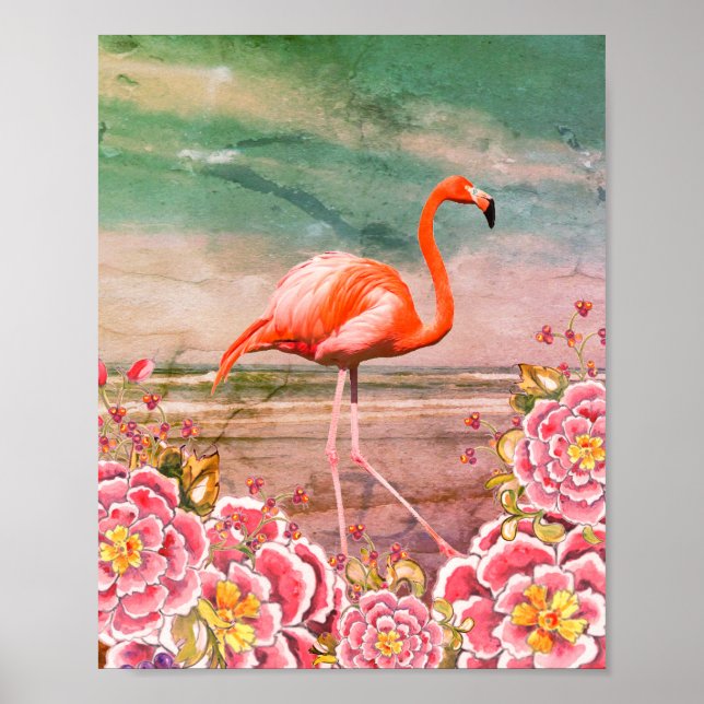 Tropisches Flamingo am Strand und orientalisch-ros Poster (Vorne)