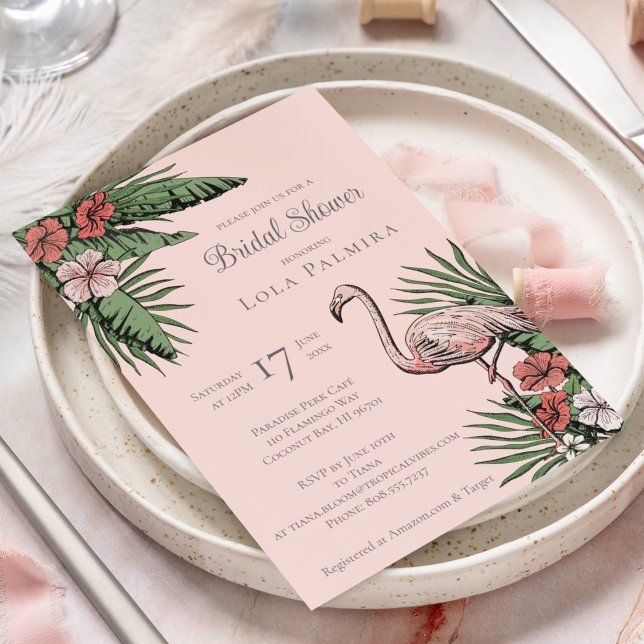 Tropisches Flamingo Coral Brautparty Einladung (Elegant Tropical Bridal Shower Design. Hand-Drawn Pink Flamingo, Hibiscus Flowers, Tropical Greenery)