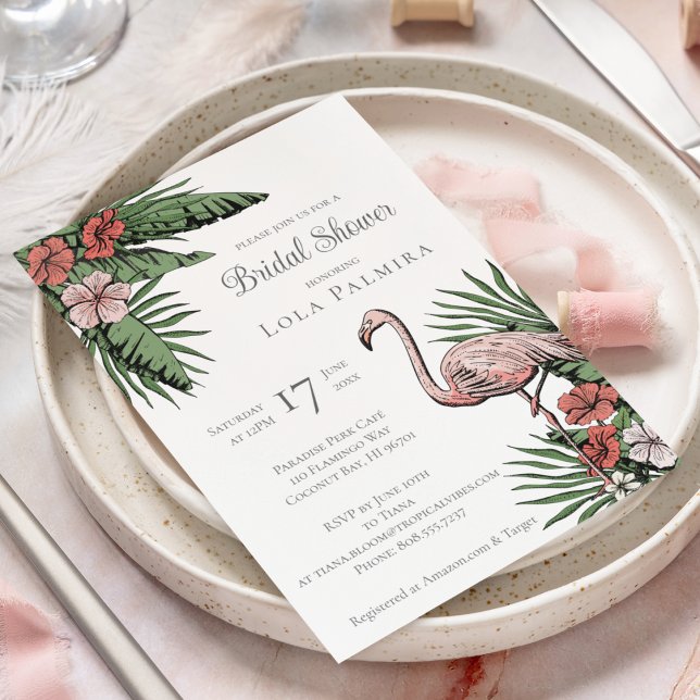 Tropisches Flamingo-Gelbes Brautparty Einladung (Elegant Tropical Bridal Shower Design. Hand-Drawn Pink Flamingo, Hibiscus Flowers, Tropical Greenery)