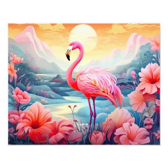 Tropisches Flamingo mit Blume Fotodruck (Vorne)