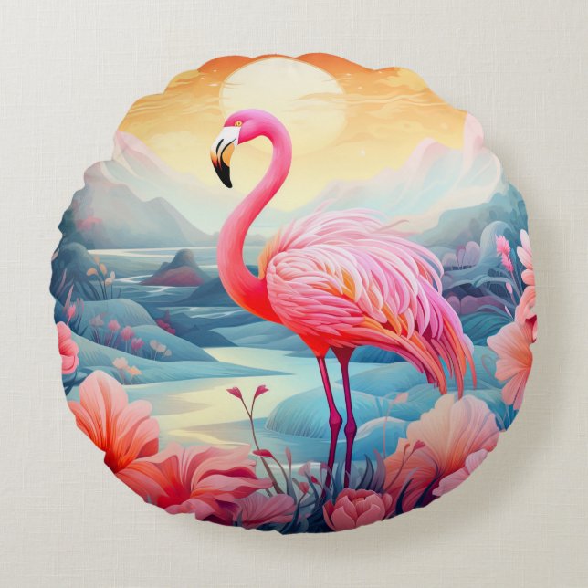 Tropisches Flamingo mit Blume Rundes Kissen (Vorderseite)
