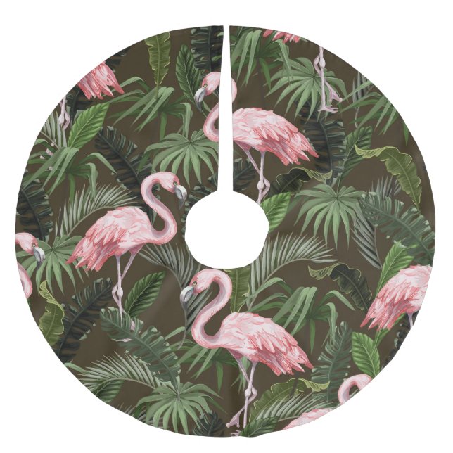 Tropisches Flamingo-Muster: Vintage Blätter Polyester Weihnachtsbaumdecke (Vorderseite)